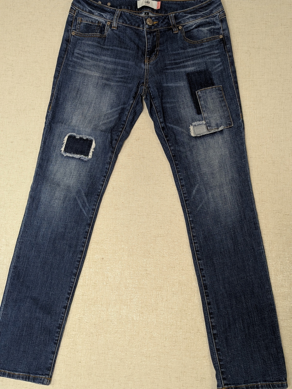 CAbi Dark Wash Patched Skinny Jeans Size 4 Stretch Distressed